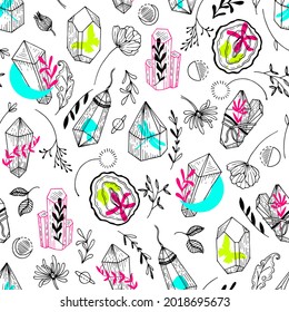 Healing Crystals with Botanicals Vector Seamless Pattern