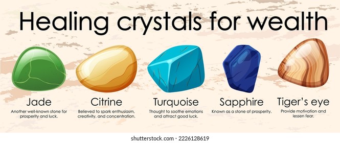 Healing crystals for wealth collection illustration Stock Vector