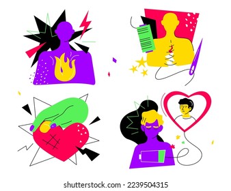 Healing emotional wounds - flat design style illustration set with linear elements. Images of flaming anger, frustrated man sewing himself together with threads, hand stroking heart, love heals