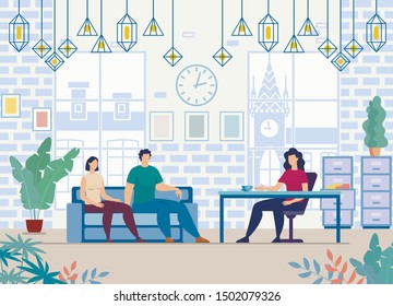 Healing Family Relations with Psychological Therapy Trendy Flat Vector Concept. Couple Visiting in Psychiatrist Office, Wife and Husband Talking with Psychologist About Their Problems Illustration