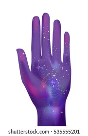 Healing Hand Illustration Featuring Colorful Heavenly Bodies Forming the Shape of an Open Palm