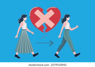 Healing from heartbreak. Woman with a bandaged heart walks confidently, ready to embrace new beginnings.  Overcoming relationship challenges and moving forward.