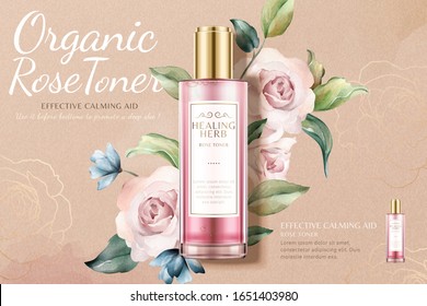 Healing herb rose toner ads laying on beautiful watercolor roses background in 3d illustration