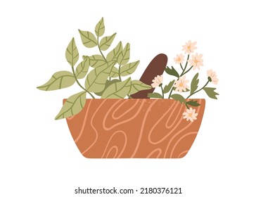 Healing herbs in mortar with pestle. Herbal and floral plants in wood bowl for grinding. Organic natural folk medicine from flower, leaf. Flat vector illustration isolated on white background