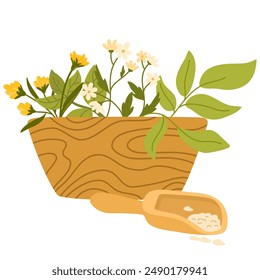 Hierbas curativas en mortero con almirez. Plantas herbales y florales en tazón de madera para moler. Medicina folclórica natural orgánica de flor, hoja. Ilustración vectorial plana aislada sobre fondo blanco