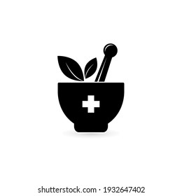 Healing herbs in a mortar with pestle icon. Pharmacy sign design, black silhouette on a white background.Vector illustration.