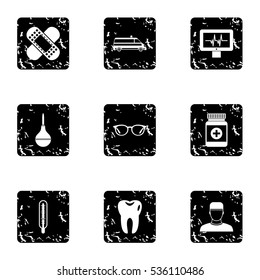 Healing icons set. Grunge illustration of 9 healing vector icons for web