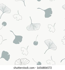 Healing leaves of ginkgo biloba tree with fruits, hand-drawn, geometric seamless pattern, vector. Japanese tree. For printing on textiles, booklets, medical and cosmetic packaging, postcards