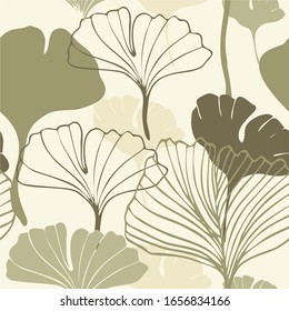 Healing leaves of ginkgo biloba tree, hand-drawn, geometric seamless pattern, isolated vector on beige background. Japanese tree. For printing on textiles, booklets, medical and cosmetic packaging