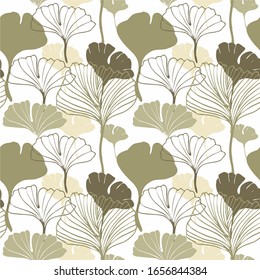 Healing leaves of ginkgo biloba tree, hand-drawn, geometric seamless pattern, isolated vector on white background. Japanese tree. For printing on textiles, booklets, medical and cosmetic packaging