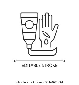 Healing ointment for cuts linear icon. Preventing wound infection. Reducing dirt spread. Thin line customizable illustration. Contour symbol. Vector isolated outline drawing. Editable stroke