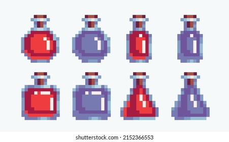 Juego de imágenes de píxeles de las opciones de curación. Colección de botellas de vidrio vacías y completas. Matraz de alquimia. Sprite de 8 bits. Desarrollo de juegos, aplicación móvil.  Ilustración vectorial aislada.