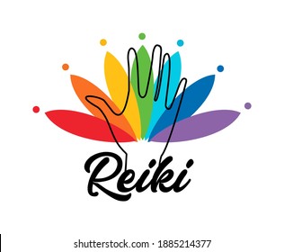 Healing Reiki energi. Logotype. Spiritual practice. The colors of the chakras in the healing hand. Vector.