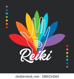 Healing Reiki energi. Logotype. Reiki symbol. Spiritual practice. The colors of the chakras in the healing hand. Vector.