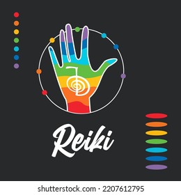 Healing Reiki energi. Logotype. Reiki symbol. Spiritual practice. The colors of the chakras in the healing hand. Vector.