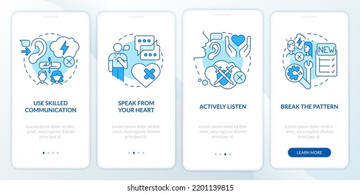 Healing relationship after argument blue onboarding mobile app screen. Walkthrough 4 steps editable graphic instructions with linear concepts. UI, UX, GUI template. Myriad Pro-Bold, Regular fonts used