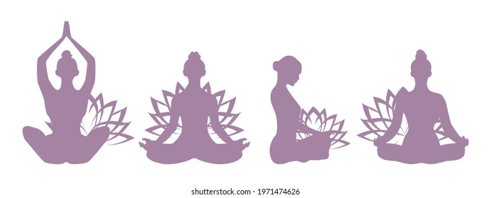 Healing and relaxation concept illustration. Decorative Yoga pose women silhouette icons. Vector illustration.