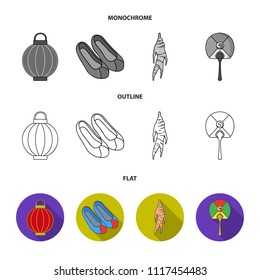 Healing root, Korean flashlight, national shoes, multi-colored fan. South Korea set collection icons in flat,outline,monochrome style vector symbol stock illustration web.