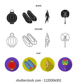Healing root, Korean flashlight, national shoes, multi-colored fan. South Korea set collection icons in black,flat,outline style vector symbol stock illustration web.