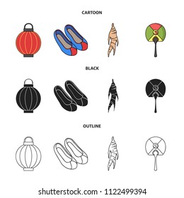 Healing root, Korean flashlight, national shoes, multi-colored fan. South Korea set collection icons in cartoon,black,outline style vector symbol stock illustration web.