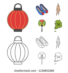 Healing root, Korean flashlight, national shoes, multi-colored fan. South Korea set collection icons in cartoon,outline style vector symbol stock illustration web.