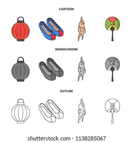 Healing root, Korean flashlight, national shoes, multi-colored fan. South Korea set collection icons in cartoon,outline,monochrome style vector symbol stock illustration web.
