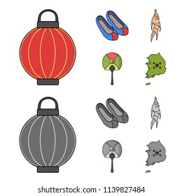 Healing root, Korean flashlight, national shoes, multi-colored fan. South Korea set collection icons in cartoon,monochrome style vector symbol stock illustration web.