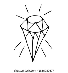 Healing  Single crystal isolated on a white background. Hand drawn vector illustration in Doodle style. Black and white mystical crystal for relaxing coloring for children and adults. 