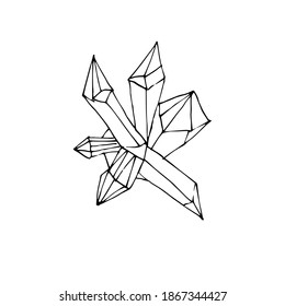 Curación Cristal único aislado en un fondo blanco. Ilustración vectorial dibujada a mano en estilo Doodle. Cristales místicos en blanco y negro para coloración relajante para niños y adultos. 