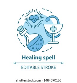 Healing spell concept icon. Witchcraft and alchemy idea thin line illustration. Occult medicine, health elixir. Snake with bowl, heart and magic potion vector isolated outline drawing. Editable stroke