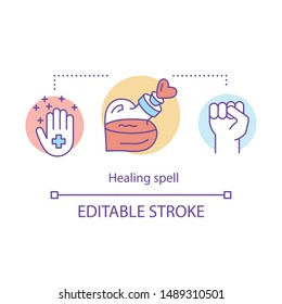 Healing spell concept icon. Witchcraft and alchemy idea thin line illustration. Occult medicine, health elixir. Hand with cross, fist and magic potion vector isolated outline drawing. Editable stroke