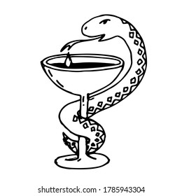 Healing spells. The snake turned around the cup. Poisons or medicines. Pharmacy, medicine. Witchcraft, the concept of magic. Hand drawn vector illustration