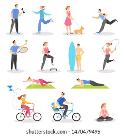 Heallthy lifestyle set. Outdoor activity and sport exercise for fit body. Running and yoga for wellness. Isolated vector illustration in cartoon style