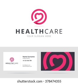 Healt care logo and business card template. Logotype for clinic, medical center, fitness center. Vector illustration in flat style. 