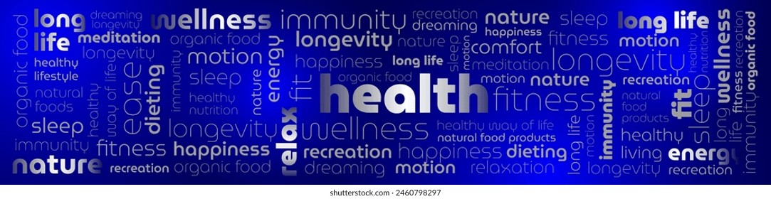 Healt word cloud. Wordcloud made with text only. Vector illustration.