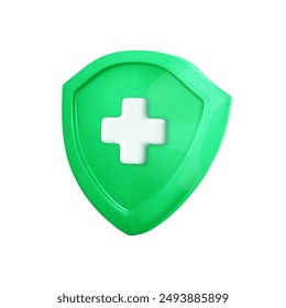 Icono de Salud 3d. Escudo verde inmune con cruz. Seguro médico, atención, seguridad, Médico y farmacia. Símbolo del hospital. Ilustración vectorial de dibujos animados