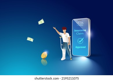 Health, Accident Insurance Claim Approved On Smartphone. Happy Broken Leg Man With Money From Insurance Claim. Life Insurance Protect Family Health And Life.