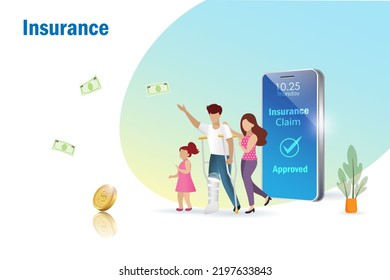 Health, accident insurance claim approved on smartphone. Happy broken leg man and family with money from insurance claim. Life insurance protect family health and life.