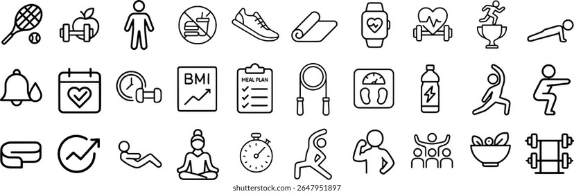 Health and Activity Stroke Icon Pack — Featuring Workout Moves, Nutrition Symbols, and Daily Wellness Trackers.