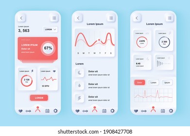 Health and activity tracking unique neomorphic design kit. Health monitoring application with heartbeat rate and activity analytics. UI UX templates set. Vector illustration of GUI for mobile app.