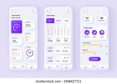 Health and activity tracking unique neomorphic design kit. Personal monitoring application with activity analytics, current health level. UI UX templates set. Vector illustration of GUI for mobile app