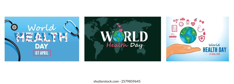 Health for all people in the world. Commemorating World Health Day. Celebrated every April 7. World Health Day concept. Set flat vector illustration.