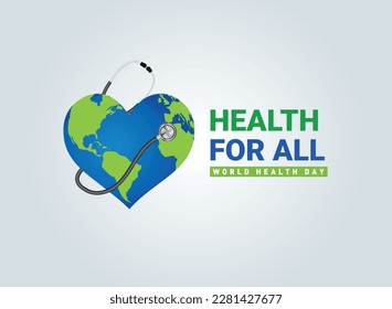 Salud Para Todos. Antecedentes del Día Mundial de la Salud 2023. Diseño de texto del concepto de vectores en el Día Mundial de la Salud con estetoscopio médico.