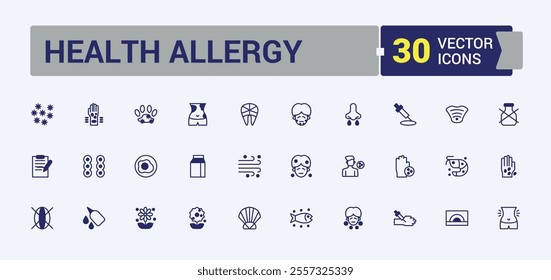 Health Allergy vector line icon set. Includes icons for cough, insect, allergic, pain, flu and more. Set of line pictogram. Editable vector outline and solid icons.