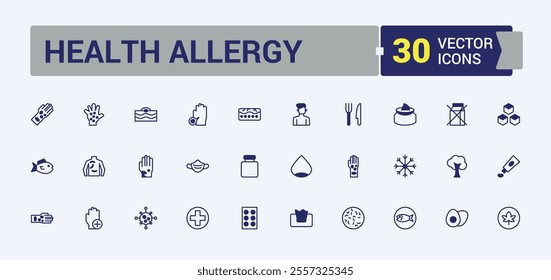 Health Allergy vector line icon set. Includes icons for cough, insect, allergic, pain, flu and more. Set of line pictogram. Editable vector outline and solid icons.