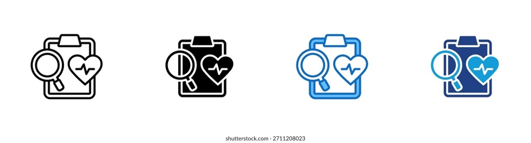 Gesundheitsanalyse Multiple Style Icon Design Vektor - Zwischenablage mit Lupe und Herz, die medizinische Forschung, Diagnose oder Gesundheitsprüfung darstellt
