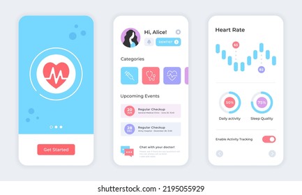 Health App. Fitness App For Mobile Phone, Health Tracking, Medical Application Design. UI Screens, UX Templates Set. Healthcare Mobile App Mockup. Vector Concept