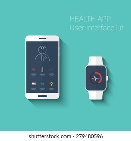 Health App Graphic User Interface. Medical Fitness Tracker Application For Smartphone And Smartwatch In Modern Flat Design With Line Icons. Eps10 Vector Illustration.