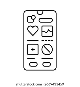 Interfaz de App de salud Vector de icono de línea de tecnología personalizado. Interfaz de App de salud Signo de tecnología personalizado. Contorno aislado Ilustración negra