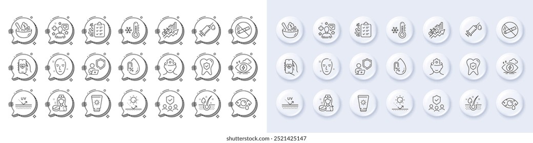 Health app, No alcohol and Diet menu line icons. White pin 3d buttons, chat bubbles icons. Pack of Serum oil, Stress, Health skin icon. Low thermometer, Medical syringe, Patient pictogram. Vector